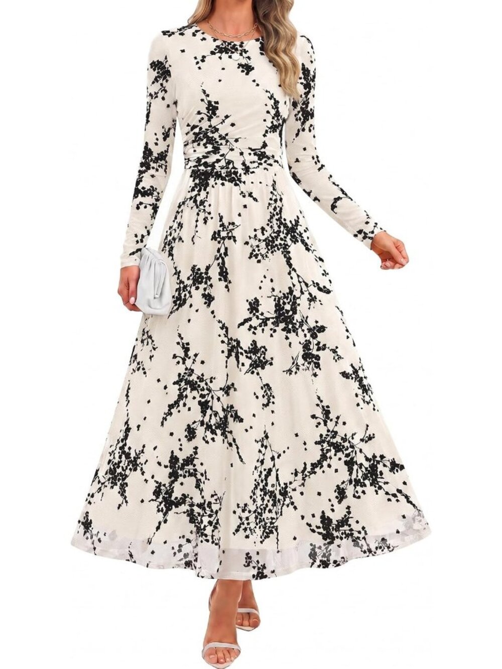 Women's Black white Crewneck Maxi Long Sleeve Elegant Slimming Cocktail Dresses